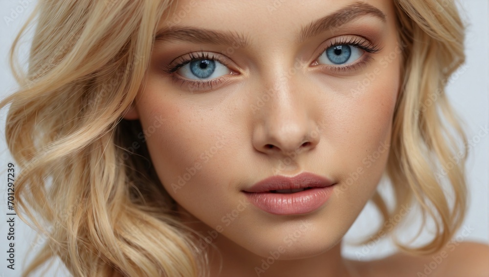 Close-up of a blonde woman with blue eyes and wavy hair, showcasing a neutral expression and a hint of a smile, embodying casual elegance against a soft background. Close-up of a blonde woman with blue eyes and wavy hair, showcasing a neutral expression and a hint of a smile, embodying casual elegance against a soft background.