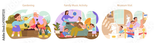 Family Learning set. Tending plants, musical exploration, cultural enrichment at a museum. Inter-generational bonding, creative expression.