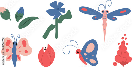 Groovy set of flowers butterflies and dragonfly pink blue and red colours