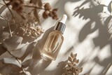 bottle of face serum flat lay in neutral color, minimalist quiet luxury concept, dry flowers, fabric background
