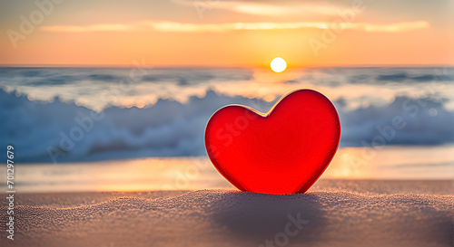 A red valentine heart figure in the beach with blurred sunset over the sea. Design for Valentine s day advertisiment.