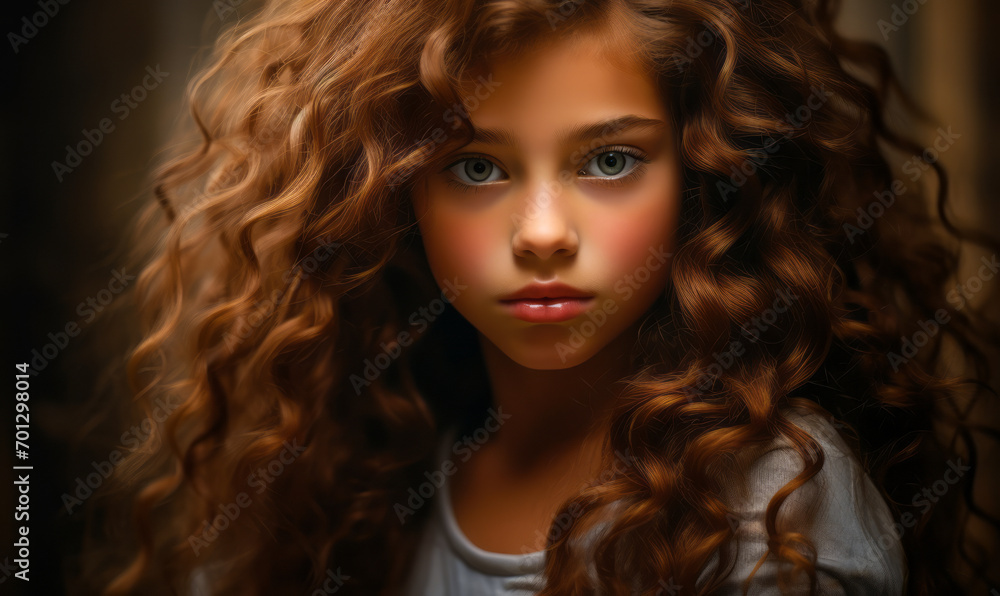 Portrait of a young girl with deep blue eyes and voluminous curly hair, emanating innocence and beauty in a mystical, soft-focus ambiance Portrait of a young girl with deep blue eyes and voluminous curly hair, emanating innocence and beauty in a mystical, soft-focus ambiance