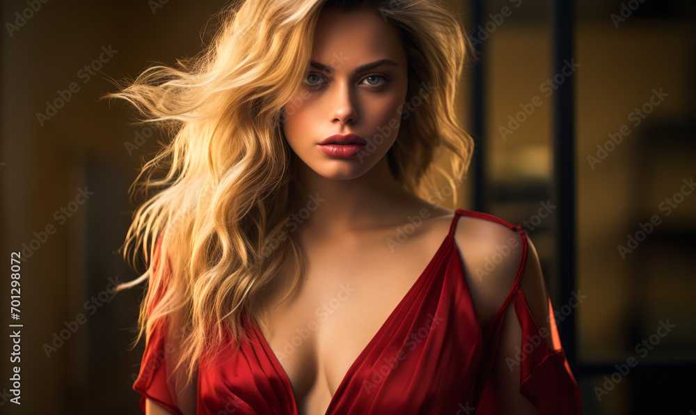 Naklejka premium Elegant woman with voluminous blonde hair wearing a luxurious red dress exudes sophistication and allure in a soft-lit portrait