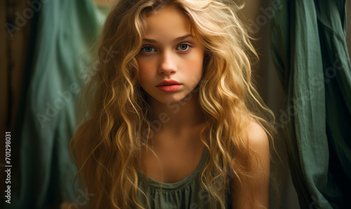 Soulful Young Girl with Long Wavy Blonde Hair in a Vintage Green Dress Gazing with a Thoughtful Expression