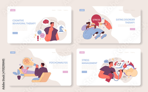Mental Wellness Techniques set. Cognitive Behavioral Therapy, Psychoanalysis, and Stress Management illustrated for psychological health.