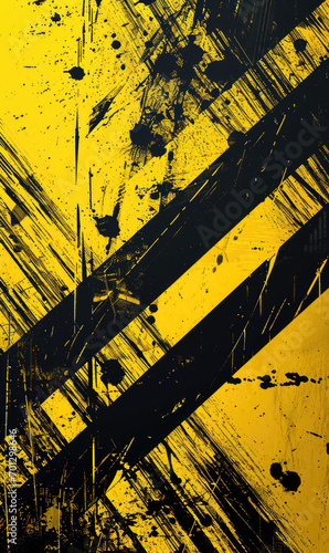 A vibrant abstract with bold warning stripes with yellow splashes and grunge textures on a black background.