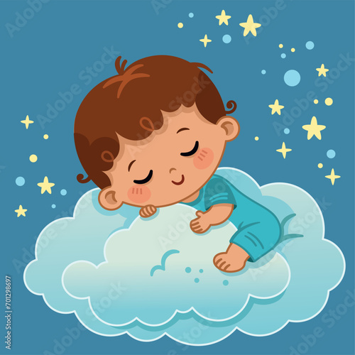 Vector illustration of a baby boy sleeping on the clouds.