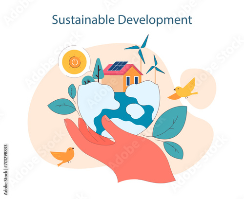 Sustainable Development. Nurturing the planet with renewable energy and protecting natural habitats. Embracing a future where progress and nature coexist. Flat vector illustration