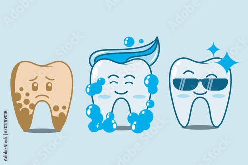 The character of a diseased tooth with plaque gets treatment, becomes clean, healthy, shiny and looks cool. Dental plaque removal procedure steps. Flat vector illustration