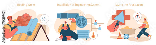Construction work set. Artisans laying roofing, installing engineering systems, and setting foundations, vital to building's integrity. Flat vector illustration