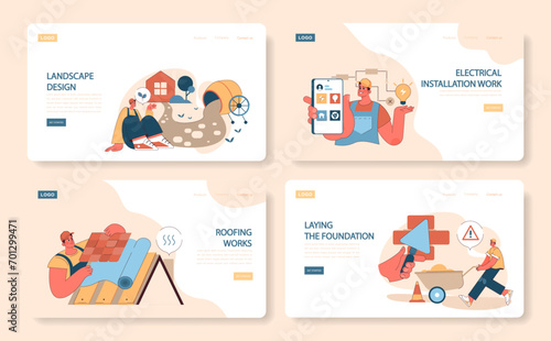 Construction work web or landing set. Web banners display landscape design, electrical work, roofing, and foundation laying with detailed craft. Flat vector illustration