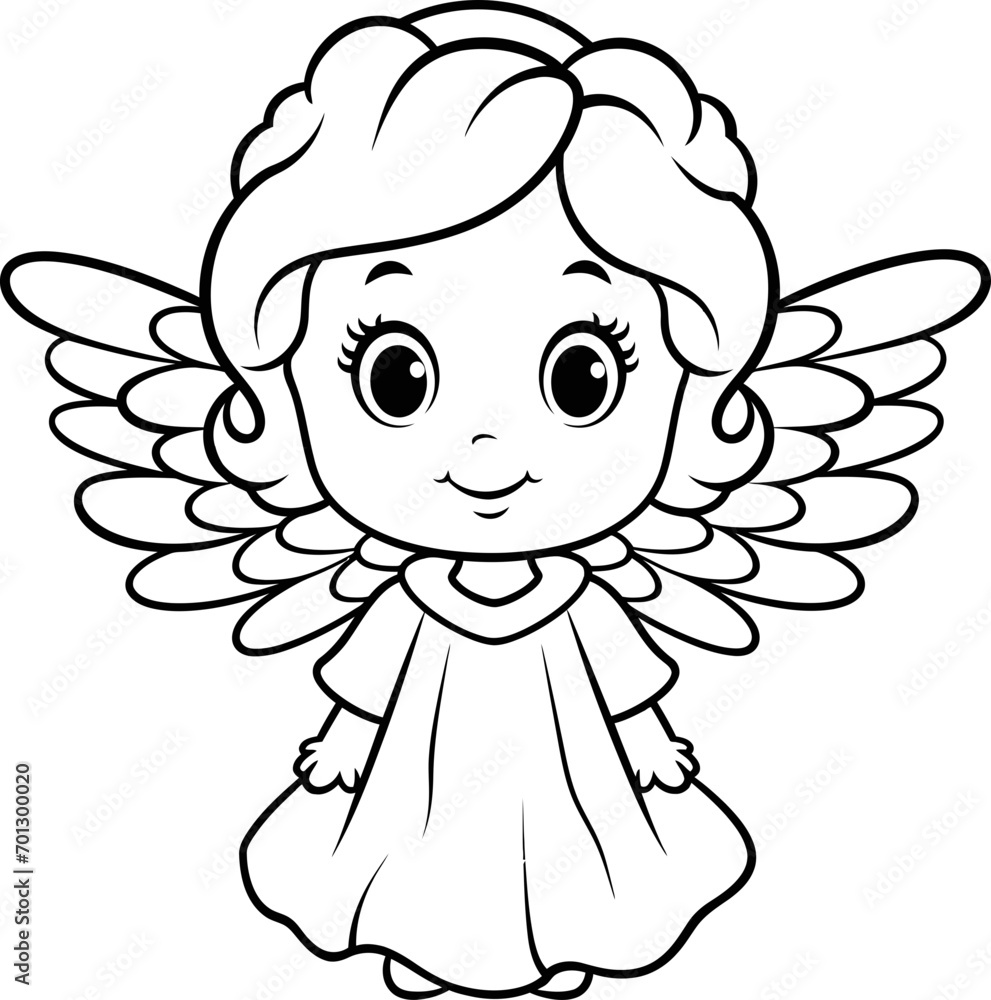 Fototapeta premium Cute angel emoji vector, black and white coloring page