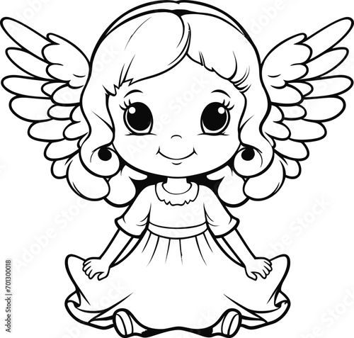 Cute angel emoji vector, black and white coloring page