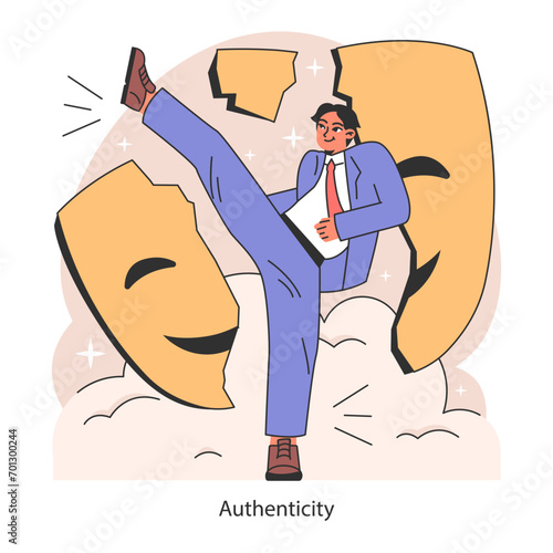 Authenticity, personality and self-expression. Mindfulness, self acceptance and well-being. Authentic self-realization. Man breaking a mask. Flat vector illustration