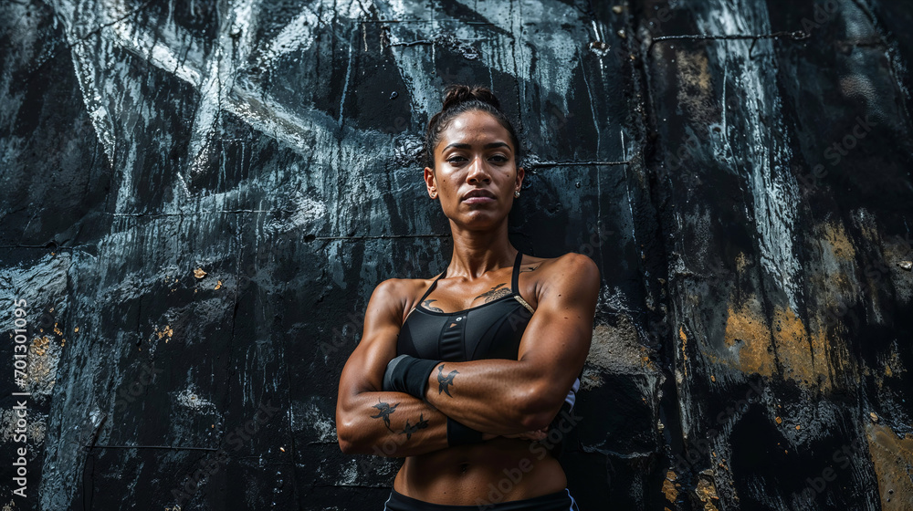 Fototapeta premium Athletic, muscular woman standing in front of an old colored wall, looking into the camera with determination and power