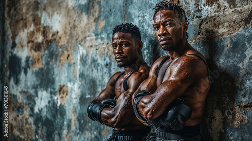 Kickboxers with athletic builds positioned before an aged  colored wall  gazing into the camera with a resolute and courageous demeanor