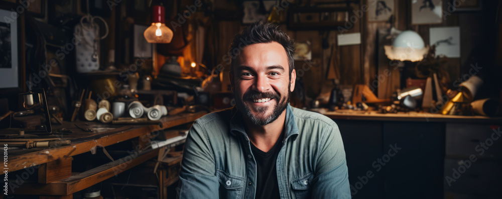 Bearded man with friendly smile, casual button-down shirt in glasses,stands in well-organized art studio, crossing his arms relaxed manner,advertising creative studios,profiles of professional artists Bearded man with friendly smile, casual button-down shirt in glasses,stands in well-organized art studio, crossing his arms relaxed manner,advertising creative studios,profiles of professional artists