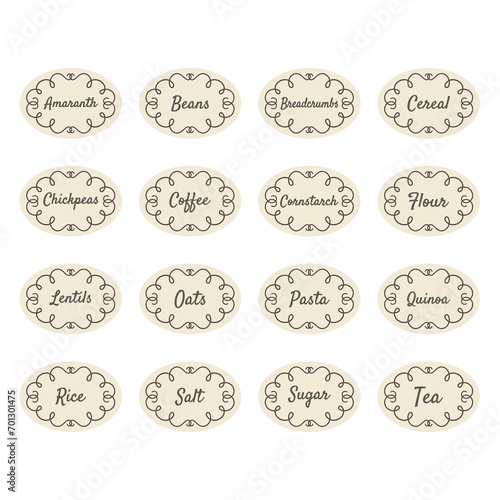 Pulses and legumes or cereals food vector label set. Cereal, beans, flour and coffee jar labels.