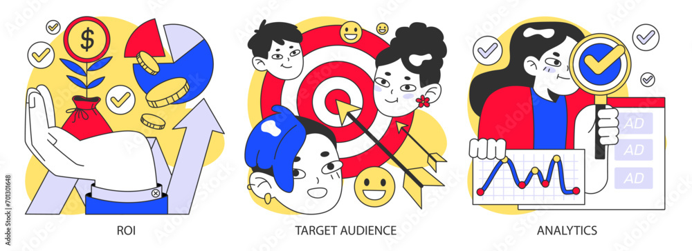 Advertising analysis set. Maximizing ROI, targeting the right audience, and measuring ad performance. Keys to successful marketing depicted. Flat vector illustration.