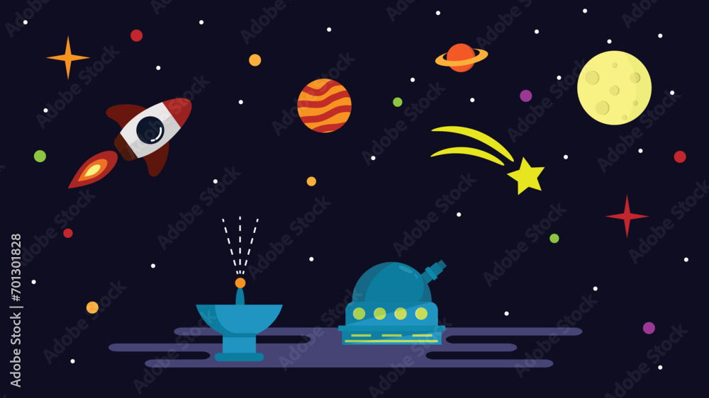 Scientific Observatory and Planets in Space Flat Style. Science and universe exploration topic vector