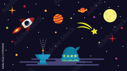 Scientific Observatory and Planets in Space Flat Style. Science and universe exploration topic vector