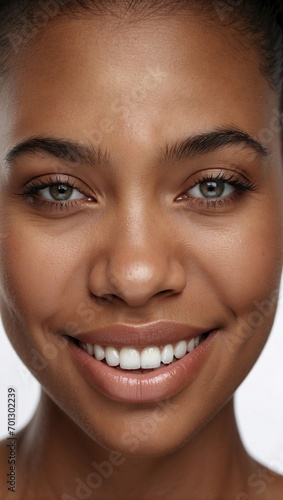 Close-up portrait of a young Black woman with a gentle smile, her eyes conveying warmth and confidence against a muted background.