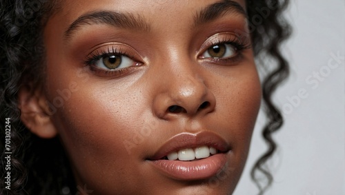 Close-up of a young Black woman with captivating eyes and curls, her lips slightly parted in a relaxed and natural expression of beauty.