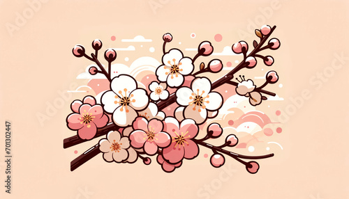 L'illustrazione mostra un ramo di fiori di ciliegio stilizzati, con petali rosa e bianchi, su uno sfondo beige decorato con nuvole e forme astratte in tonalità pastello, evocando un'atmosfera serena e photo