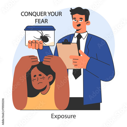 Overcoming fears. Demonstrating the technique of exposure therapy with a spider to manage arachnophobia. Facing fears directly. Flat vector illustration.