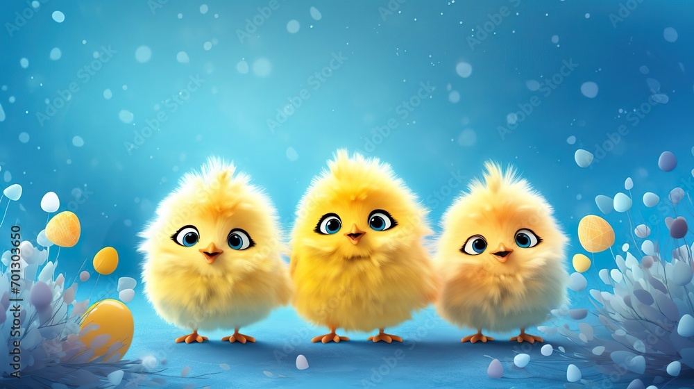 Three cute yellow fluffy chicks on blue background, Easter card, banner, bokeh. Space for text at the top 