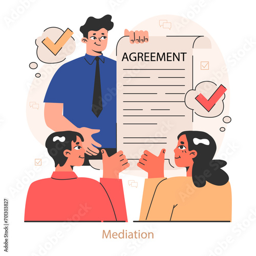 Mediator. Black businessman highlights a solution, bridging two parties towards mutual agreement. Conflict resolution or balanced negotiation. Flat vector illustration.