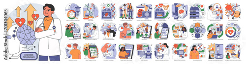 Healthcare Technology set. Advancements in medical digitalization and patient care. Breakthroughs in AI, robotics, telemedicine. Flat vector illustration.