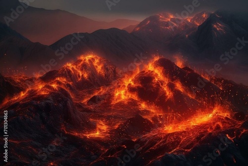 A fiery mountain landscape created by generative art. Generative AI