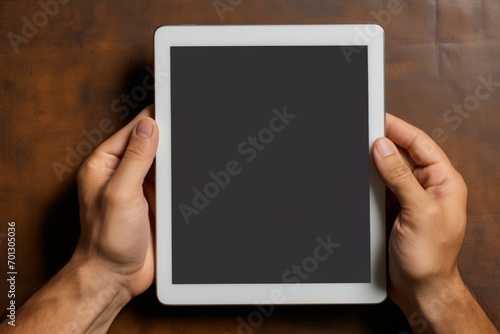 Hands Holding a Blank Tablet Screen on a Dark Surface