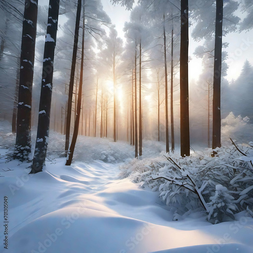 Snow Forest Mountain Tree Landscape Winter landscape. A serene winter landscape with a snow covered forest and mountain range, gleaming peaks, snow laden slopes