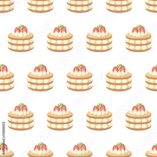Seamless pastry pattern with cake with whipped cream and raspberries. Vector illustration. Backery patten, sweets, sweet shop photo