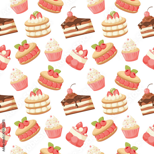 Seamless pastry pattern, pink cakes, cupcakes, muffins with whipped cream, sprinkles, berries, strawberriy, fruit, raspberry, chocolate. Vector illustration. Backery patten, sweets
