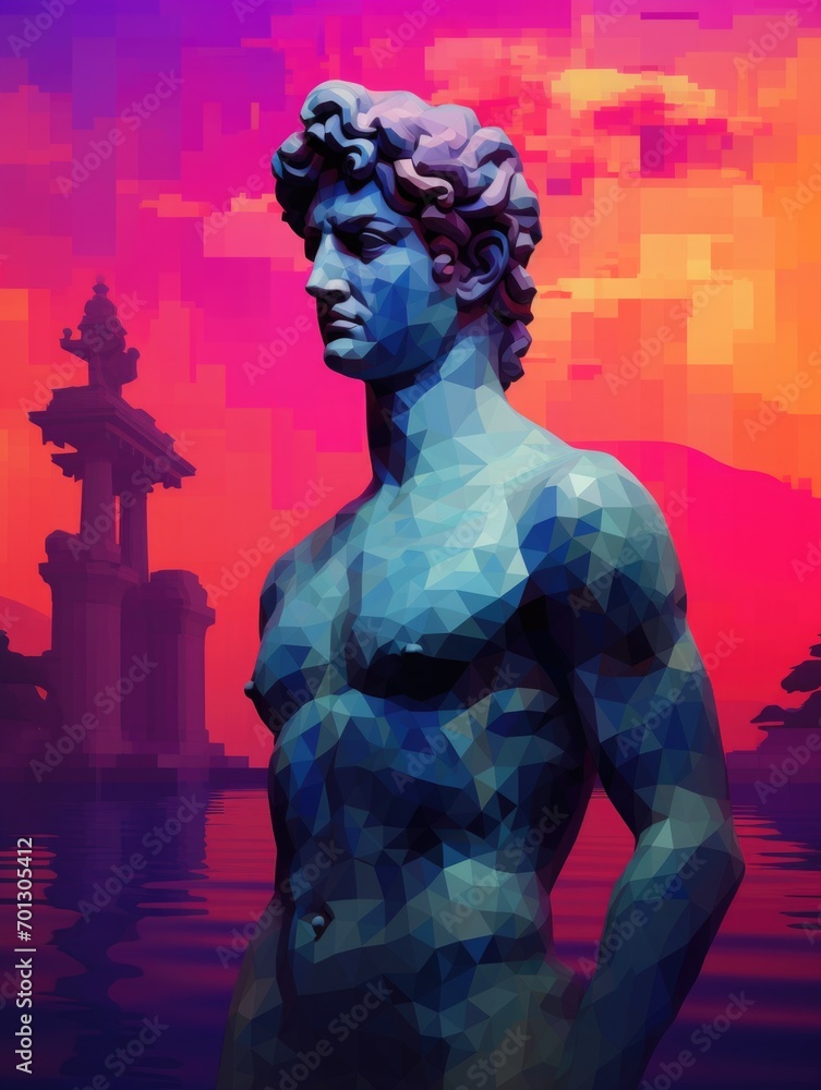 Pixel art 8-bit art style 3D of portrait ancient Greek statue in modern style