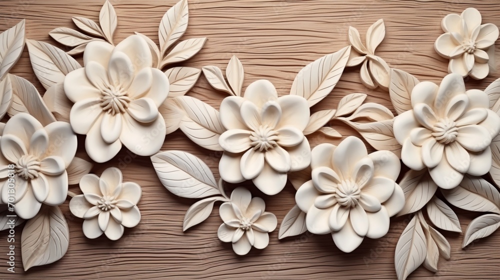 Fototapeta premium A beatiful wooden floral wall design in beige color, space for text .2 - Generative AI