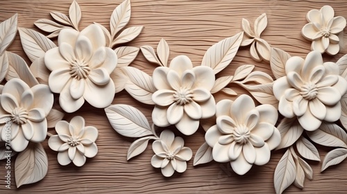 A beatiful wooden floral wall design in beige color,  space for text .2 - Generative AI © Huzaifa