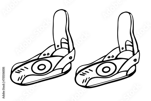 Snowboard bindings vector doodle illustration. Equipment for snowboarding. Outline hand drawing for sport market, winter holidays poster, flyer, site, web banners. Snowboard, ski winter activity equip