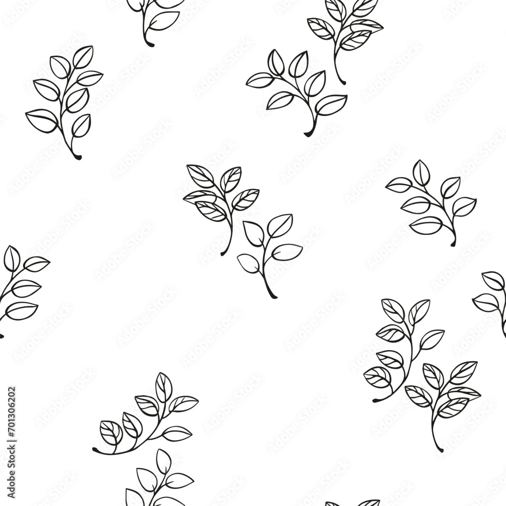 Vector hand drawn sketch doodle branches leaves seamless pattern. Black and white texture print. Abstract simple botanical leaf stem printing. Template for textile, fashion, print, fabric, wallpaper Vector hand drawn sketch doodle branches leaves seamless pattern. Black and white texture print. Abstract simple botanical leaf stem printing. Template for textile, fashion, print, fabric, wallpaper