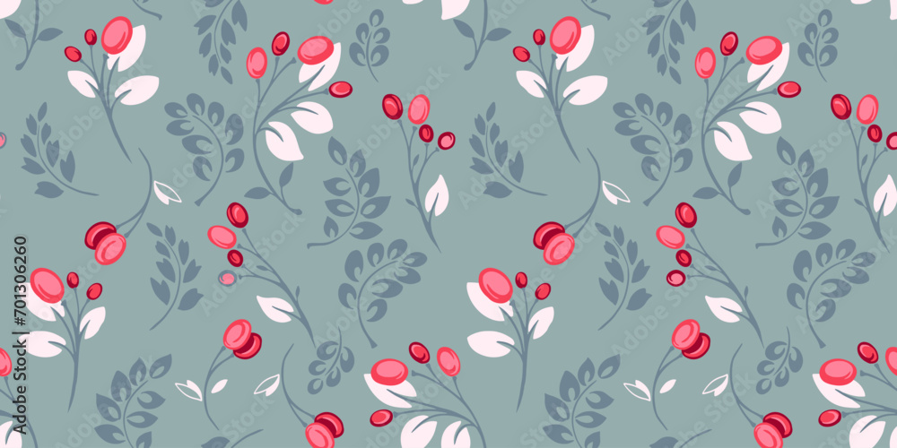 Colorful, creative seamless pattern with decorative berry branches, drops with silhouettes shape tiny leaves. Vector hand drawn. Abstract floral print. Template for design, fashion,  fabric, wallpaper