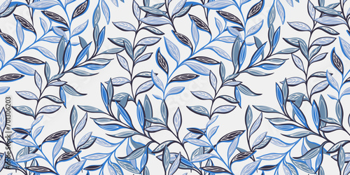 Vector hand drawn abstract, modern blue leaves branches seamless pattern. Creative leaf foliage tapestry background. Stylized tropical botanical print. Template for textile, fashion, fabric, wallpaper