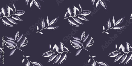 Creative minimalist seamless tropical stem leaves pattern on a dark grey background. Vector hand drawn.  Abstract botanical leaf print. Template for textile, fashion, surface design, fabric, wallpaper