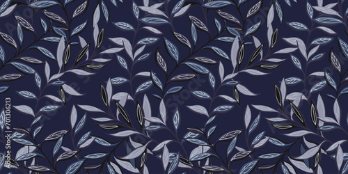 Stylized black branches leaves seamless pattern. Abstract creative leaf stems print. Vector hand drawn. Template for textile, fashion, surface design, fabric, wallpaper