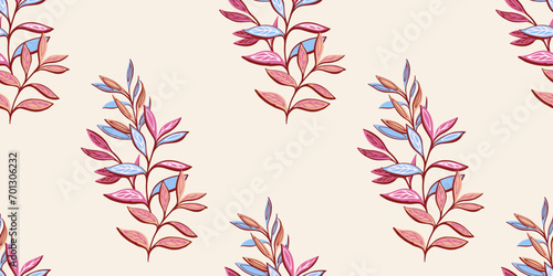 Colorful seamless pattern  with abstract, modern, tropical leaves stem. Vector hand drawn. Creative leaf branches print. Template for design, textile, fashion, fabric, wallpaper,