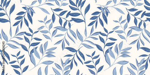 Vector hand drawn blue leaves stem intertwined in a seamless pattern. Abstract, creative, tropical shape leaf branches print. Template for design, textile, fashion, surface design, fabric, wallpaper
