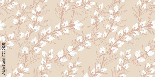 Seamless monotone pastel abstract branches leaves with burgeon flowers pattern. Blooming creative floral background. Vector hand drawn sketch. Template for design, fashion, print, fabric, wallpaper,