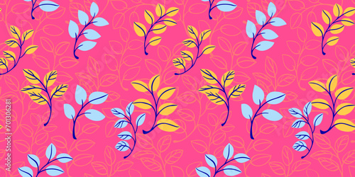 Seamless, creative, vibrant cute  leaves stem pattern on a pink background. Vector hand drawn sketch doodle small leaf branches. Template for design, textile, fashion, print, surface design, wallpaper